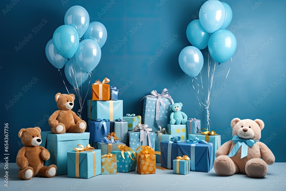 Baby party decorations on blue wall gifts toys balloons garland and figure