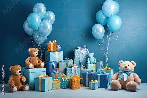Baby party decorations on blue wall gifts toys balloons garland and figure