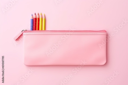 Back to school concept captured in a top view featuring a pink pencil case with assorted writing utensils isolated on a pastel pink background banner