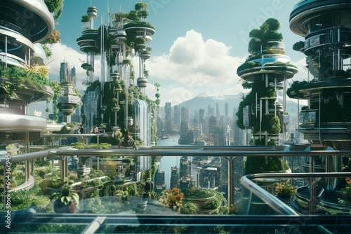 Detail of a skyline where futuristic buildings are seamlessly integrated with advanced vertical farms and aeroponic gardens, reflecting a self-sustainable and eco-friendly future cityscape