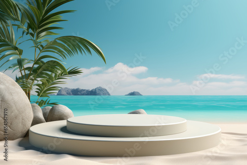 Summer vacation beach abstract background concept  Minimal Realistic Display Podium for Product mock-up or Cosmetics with summer theme. Generative AI