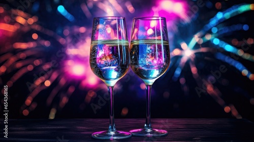 Champagne glasses with neon fireworks- generative AI