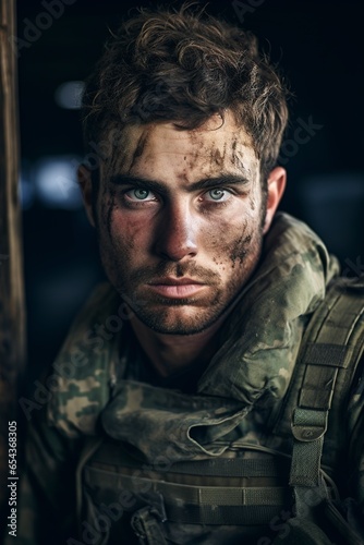 Portrait of a resilient American male soldier with camouflage paint, gazing at the camera with an expression of resolve and valor, surrounded by a rustic environment