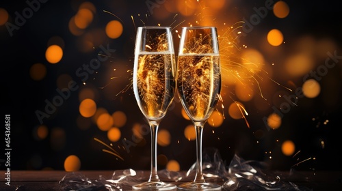 Champagne glasses with orange fireworks- generative AI