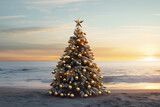 exotic tropical Christmas concept: Beautiful decorated Christmas tree on the beach at the sea