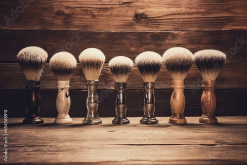 Barber shop theme with vintage shaving brushes on wooden boards
