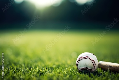 Baseball equipment on green field Sport background with space for text and ads
