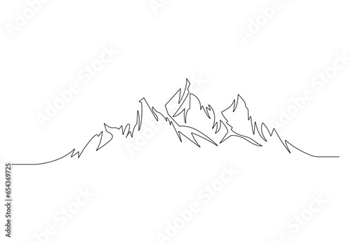  Continuous one line drawing of mountain range landscape. Top view of mounts in simple outline style. Adventure hiking and winter sports concept vector illustration. Pro vector. 
