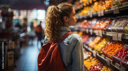 Woman choosing products in supermarket.