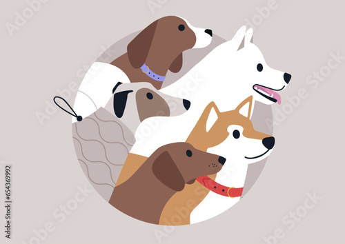 A circular sticker featuring various dog breeds