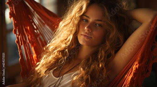 Woman resting in comfortable hammock.