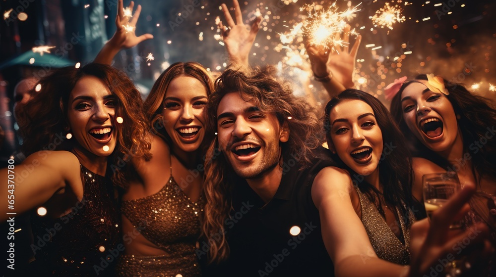 Group Of Friends Celebrating At New Year Party Together- generative AI, fiction Person