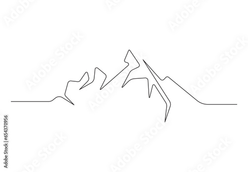  Mountain landscape single line vector drawing. Beautiful view with mountains and fresh air. Nature, rock panoramic sketch. Premium vector.