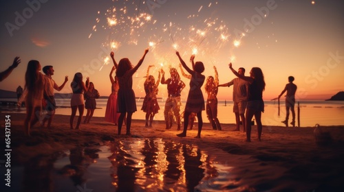 Group of young friends having a beach party. Friends dancing and celebrating with sparklers in twilight sunset- generative AI, fiction Person