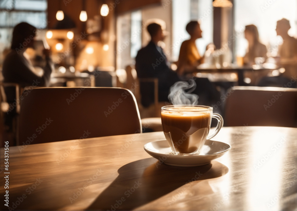 a cup of hot coffee against the background of a blurry cafe with visitors sitting there