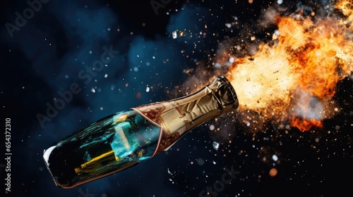 New year party concept with a exploding champagne bottle- generative AI © Nad