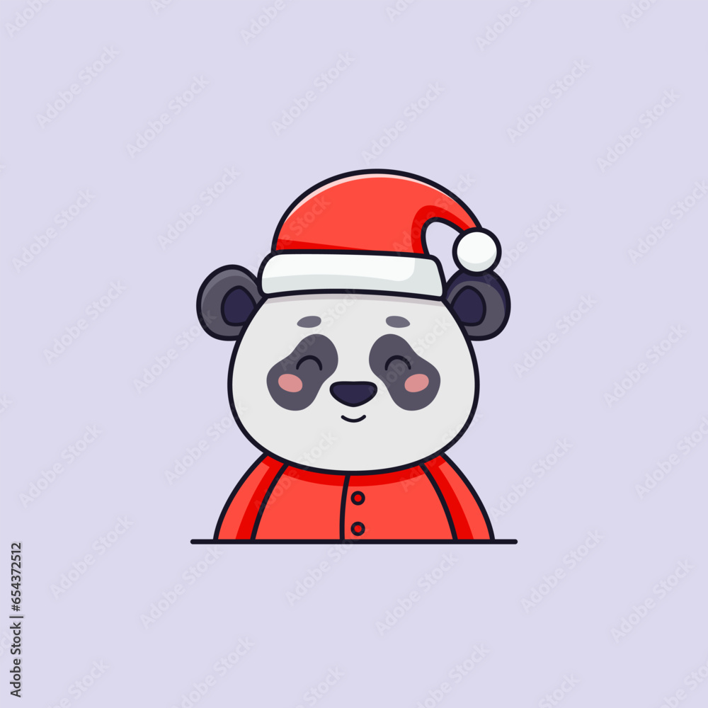 Christmas vector flat illustration in cartoon style with cute panda dressed in Santa Claus costume Christmas vector flat illustration in cartoon style with cute panda dressed in Santa Claus costume