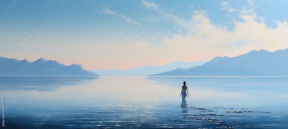woman walking in water lake silhouette, ai
