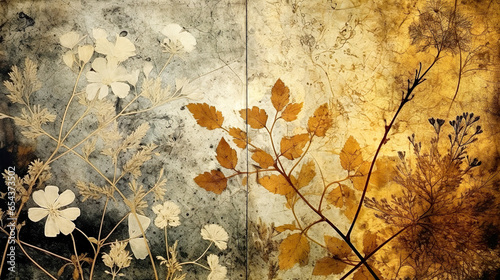 A diptych of abstract autumn background in vintage style. Chemigram and photogram image created using Generative AI technology. photo