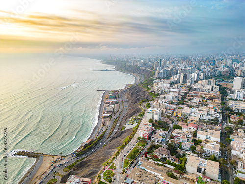 Aerial view of the Pacific Ocean next to the Barranco neighborhood in Lima, Peru in 2023.
