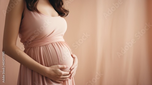 woman pregnant expecting maternity pink dress mom, ai photo