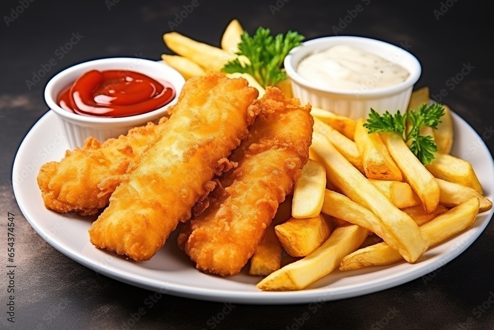 Fried fish sticks and French fries Fried fish sticks and French fries