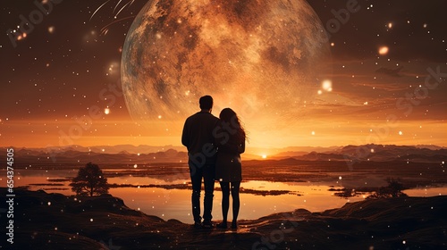 a couple hugging each other on a distant beautiful colorful planet while watching the solar system blowing up in the background photo