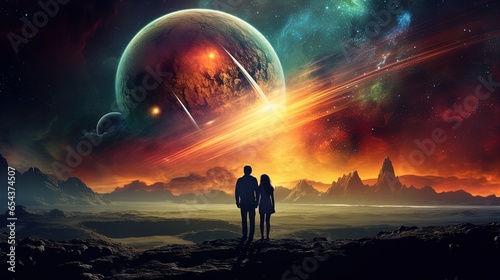a couple hugging each other on a distant beautiful colorful planet while watching the solar system blowing up in the background