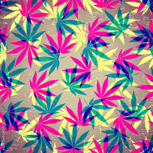 Marijuana inspired design. Reggae background with cannabis leaves. Geometric vintage risograph style.
