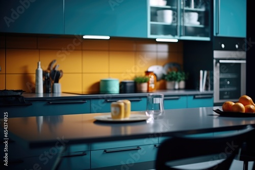 Details of a moden designer kitchen with black countertop. Home interior design ideas