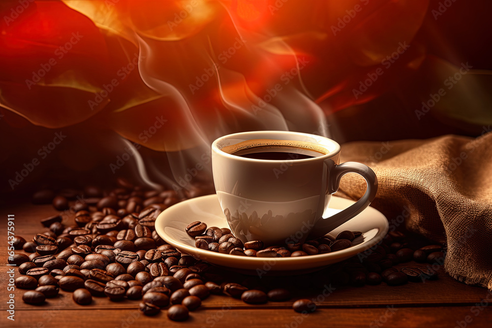 Fototapeta premium Coffee cup with coffee beans background.Steam rises from the cup.