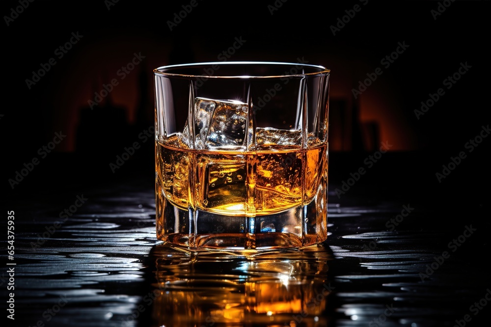 A glass of whiskey with ice on a wooden background. A glass of Scotch whiskey with ice in a rustic style. Whiskey on the rocks. - obrazy, fototapety, plakaty 