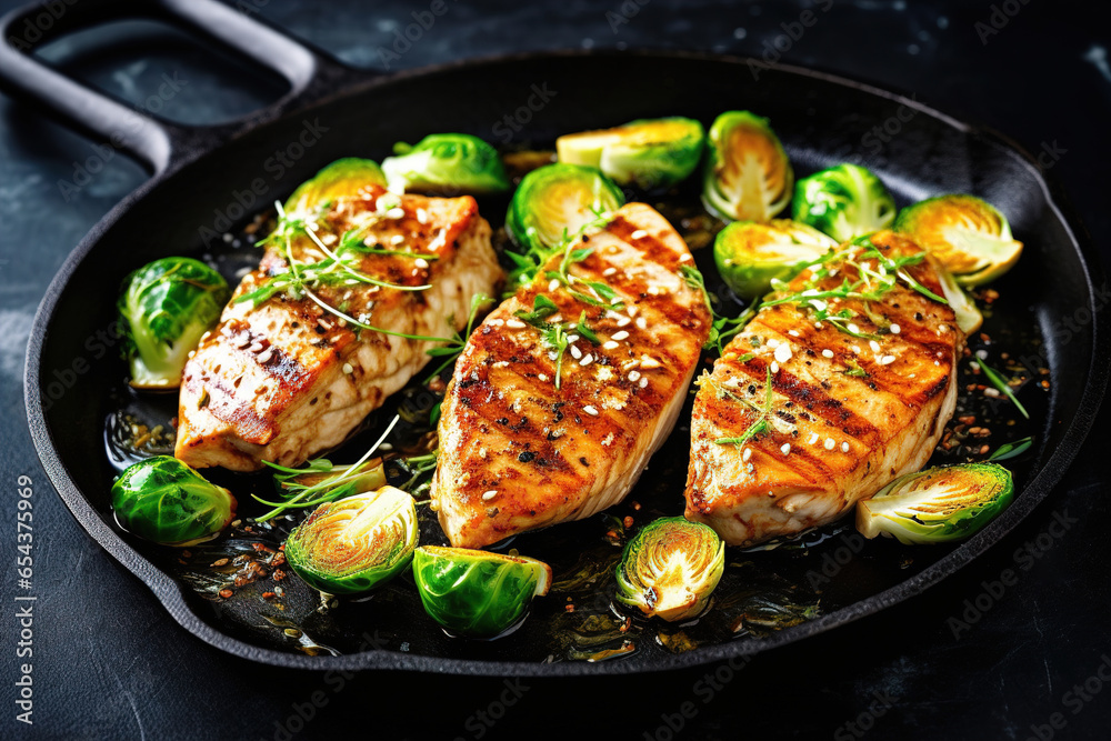 Greek lemon chicken and brussels sprouts with parsley with black background Greek lemon chicken and brussels sprouts with parsley with black background