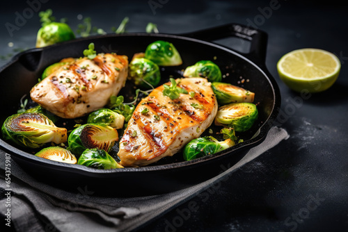 Greek lemon chicken and brussels sprouts with parsley with black background