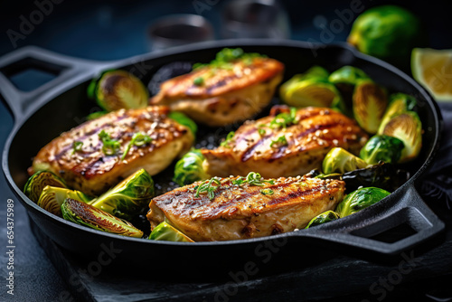 Greek lemon chicken and brussels sprouts with parsley with black background