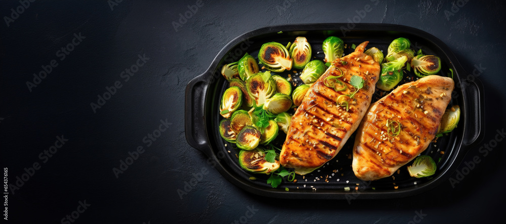 Greek lemon chicken and brussels sprouts with parsley with black background top view, copy space - obrazy, fototapety, plakaty 