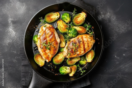 Greek lemon chicken and brussels sprouts with parsley with black background top view, copy space