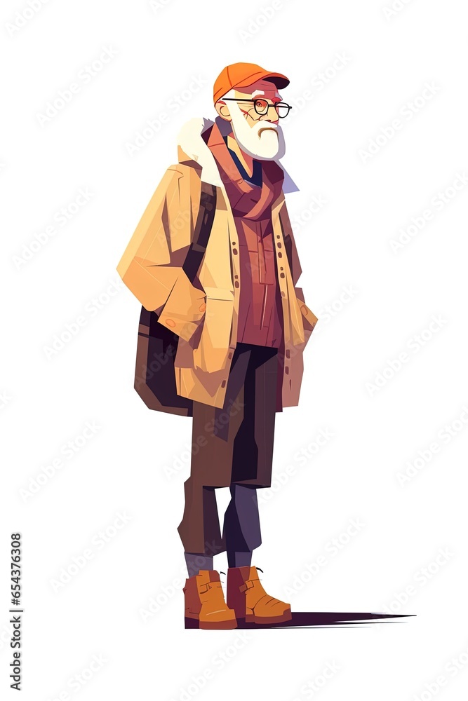 Old man standing at full height. Flat vector illustration