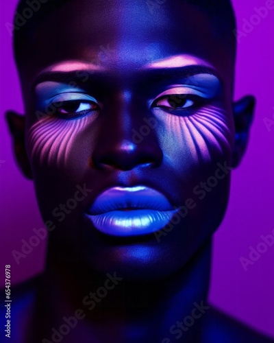 A bold and beautiful portrait of a queer gay lgbt man with neon-colored makeup featuring vivid shades of blue  pink  purple  and violet  surrounded by a mysterious haze of smoke  vibrant modern art  