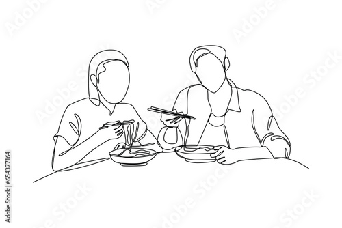 Friends eating at restaurant. Happy people gathering, Family eating, hangouts with food and drinks. Flat graphic vector illustrations isolated on white background