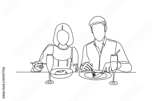 Couple eating together. Happy people gathering, Family eating, hangouts with food and drinks. Flat graphic vector illustrations isolated on white background