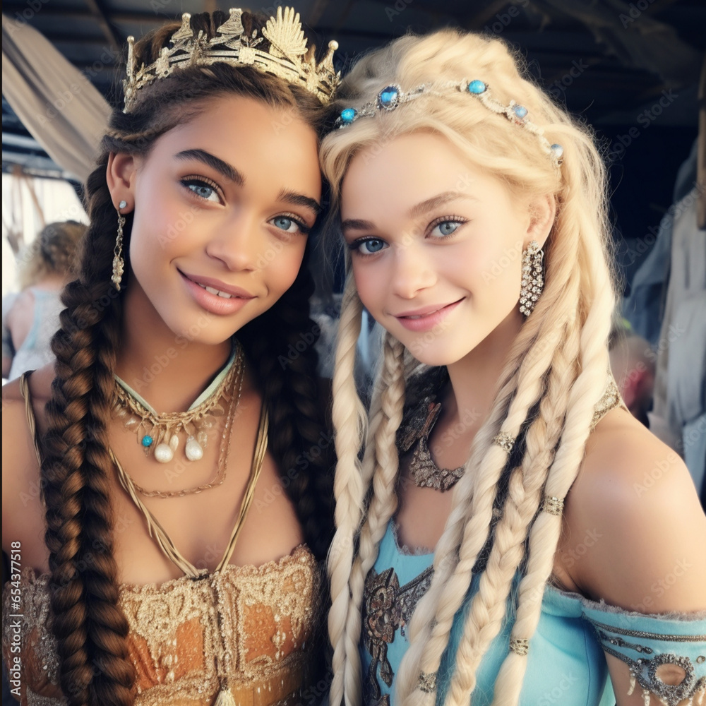 Two twin princesses, the first sister is 23 years old, she has long hair, with dreadlocks and
