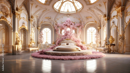 Bedroom interior decorated in fancy posh neoclassicism style with white, beige, golden and pink tones	
