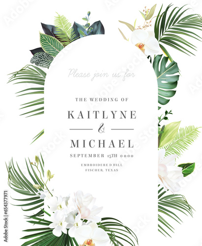 Tropical flowers and leaves vector design card. White orchid, magnolia, fern, emerald monstera