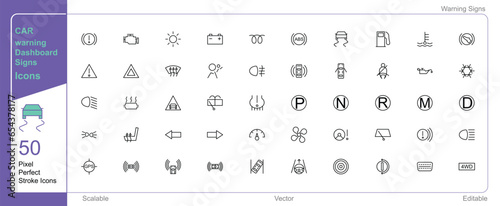 Car Dashboard warning signs and symbols icon | 50 set single stroke vector collection expandable and color changeable pixel perfect arrow sets