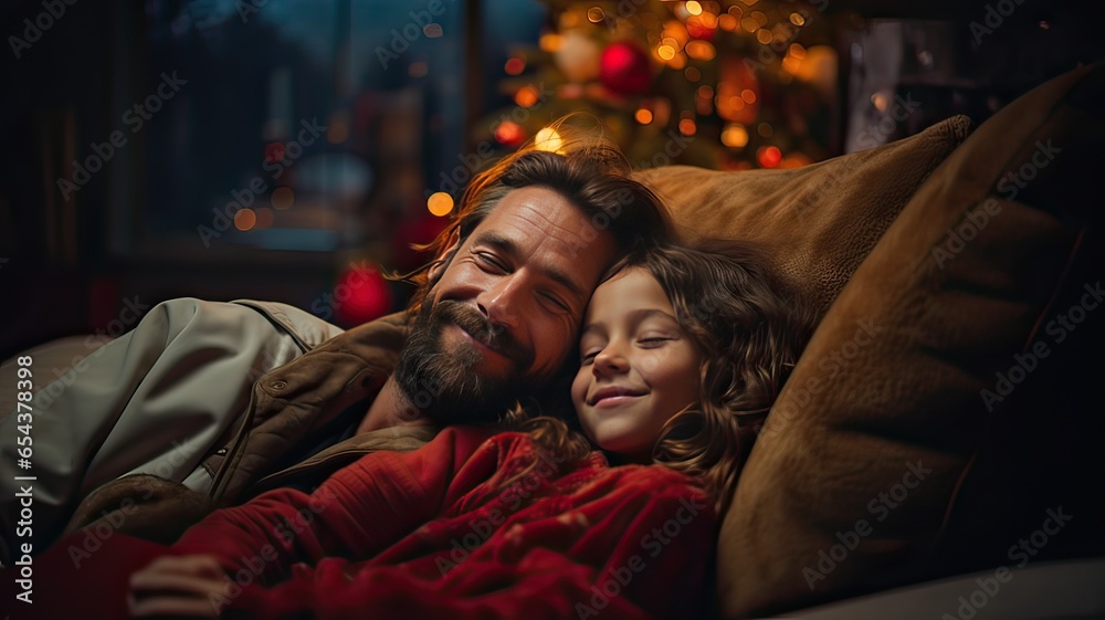 Happy Latin father and daughter resting together on a sofa during Christmas time, smiling and enjoying the holiday season. Happy Latin father and daughter resting together on a sofa during Christmas time, smiling and enjoying the holiday season.