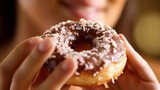 a close-up of a person eating doughnut,biting into a doughnut.