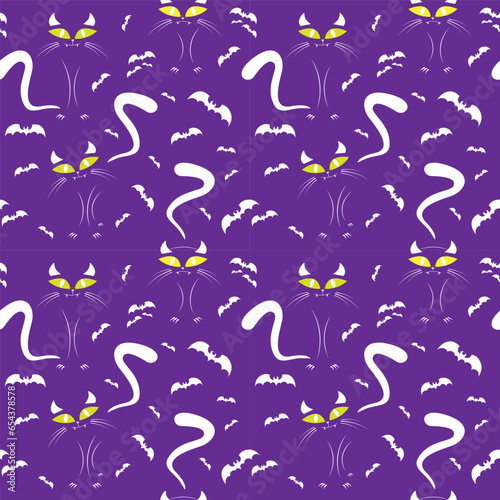 Halloween funny cat and bats on colorful background. Vector illustration.