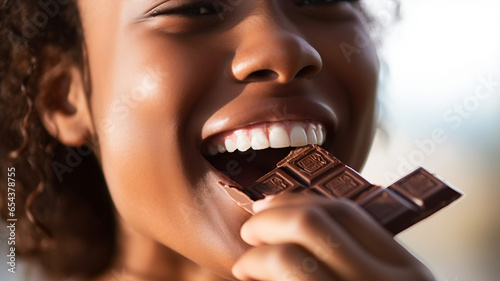 person taking a bite of a chocolate bar. photo