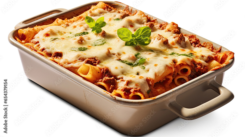 Lasagna in baking dish isolated on white background. Generative Ai